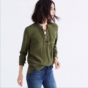 Madewell olive lace-up silk blouse